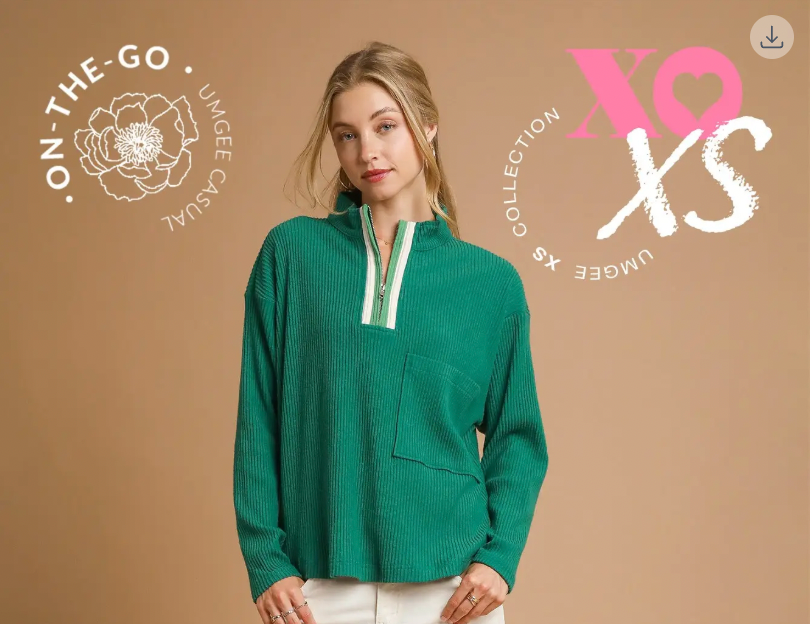 Umgee W Mock Neck Contrast Half Zip Pullover PALM