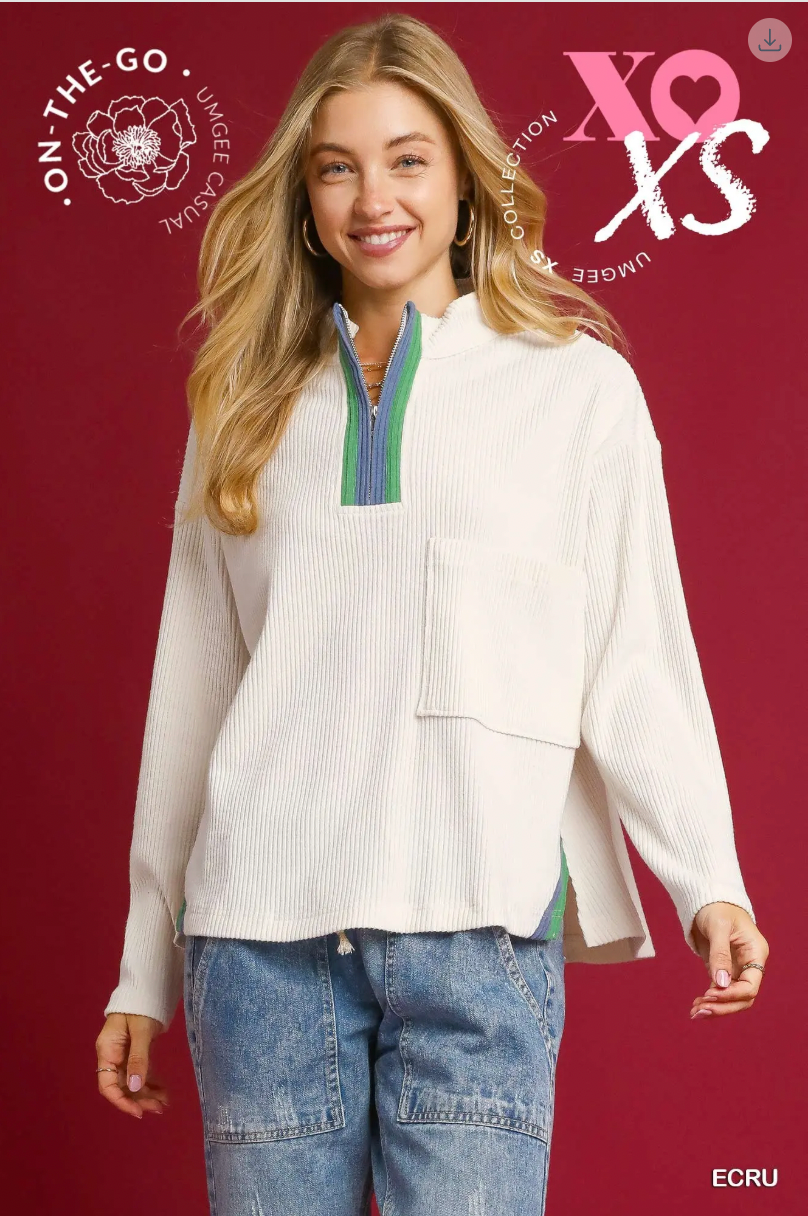 Umgee W Mock Neck Contrast Half Zip Pullover ECRU
