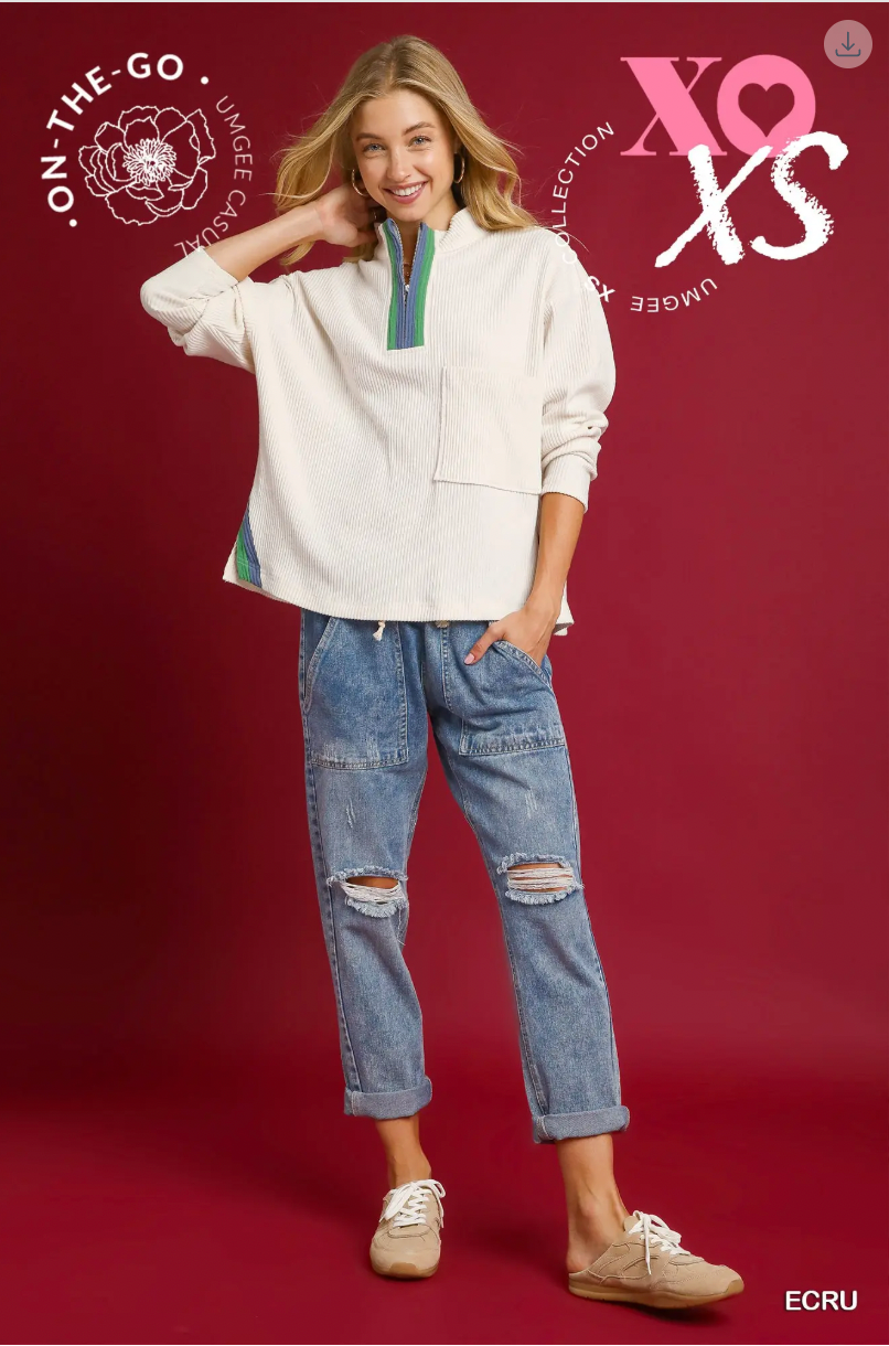 Umgee W Mock Neck Contrast Half Zip Pullover ECRU