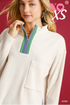 Umgee W Mock Neck Contrast Half Zip Pullover ECRU