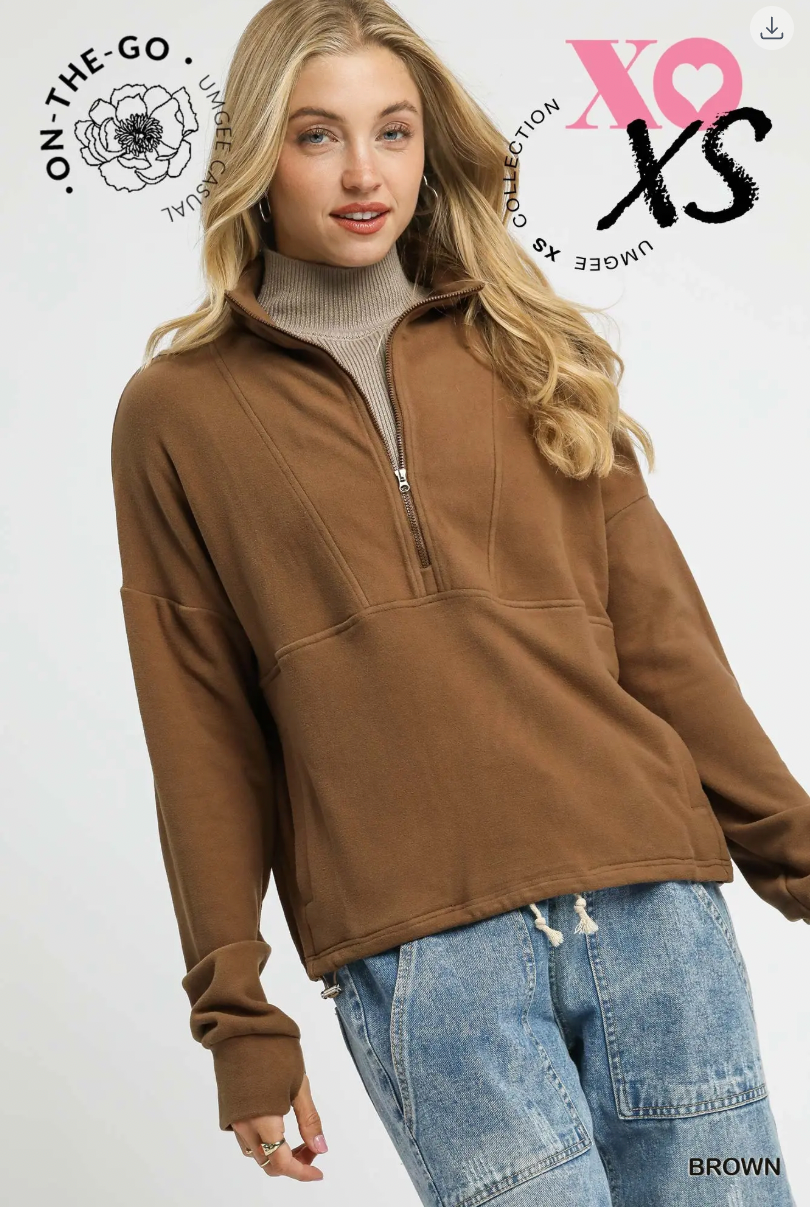 Umgee W Brushed Fleece Half Zip Pullover BROWN