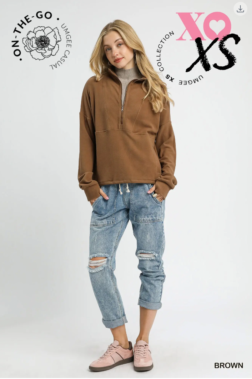 Umgee W Brushed Fleece Half Zip Pullover BROWN