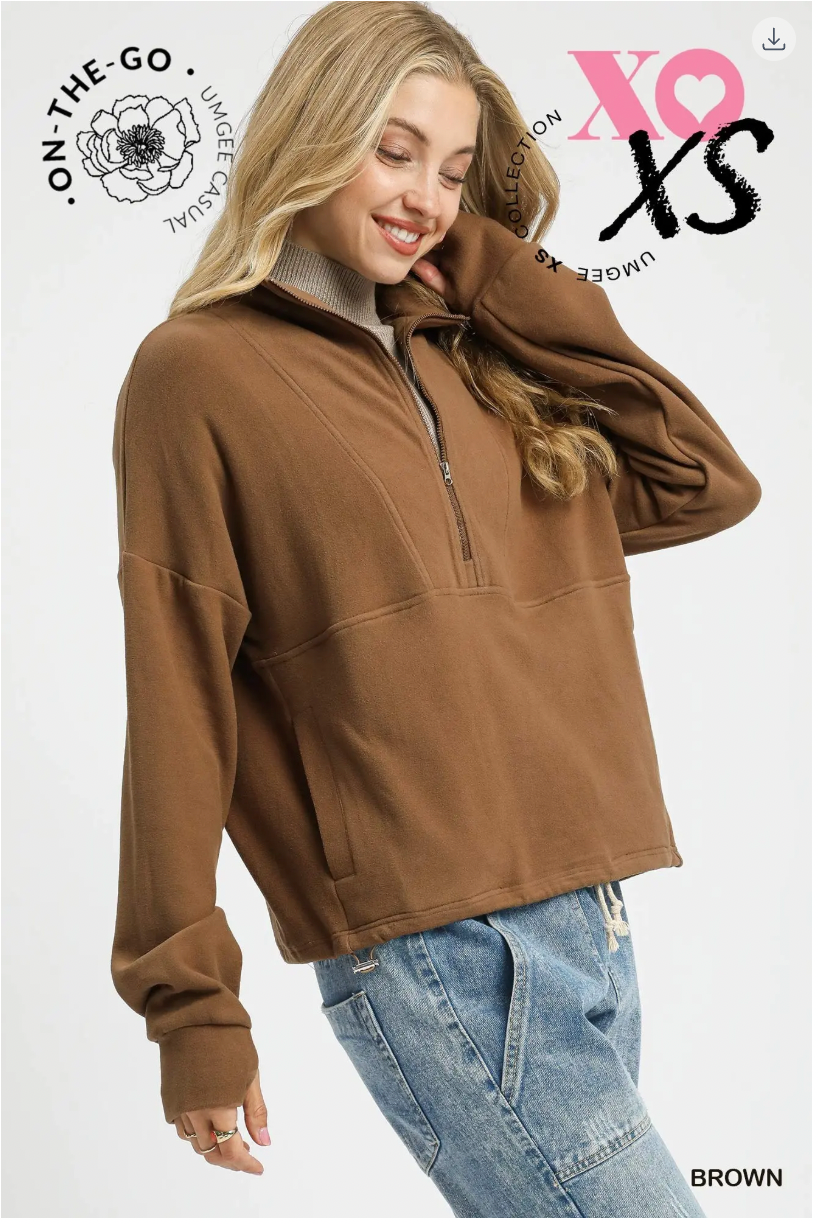 Umgee W Brushed Fleece Half Zip Pullover BROWN