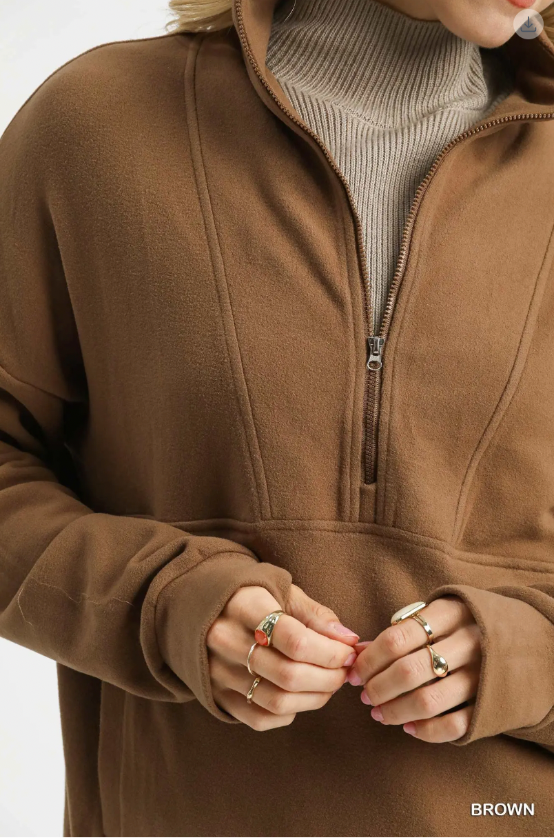 Umgee W Brushed Fleece Half Zip Pullover BROWN