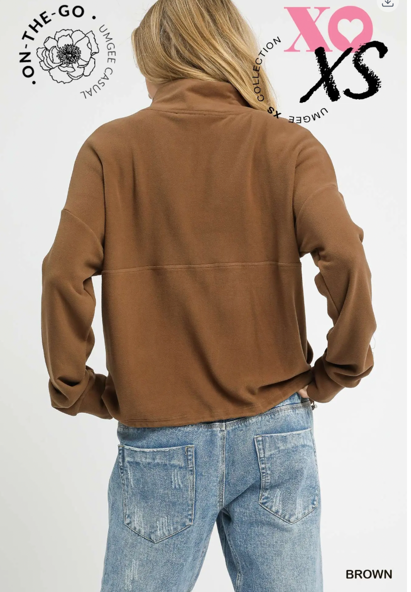 Umgee W Brushed Fleece Half Zip Pullover BROWN