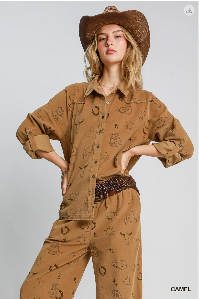 Umgee W LS Corduroy Western High Low Hem Top CAMEL