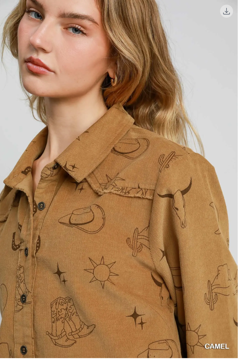 Umgee W LS Corduroy Western High Low Hem Top CAMEL