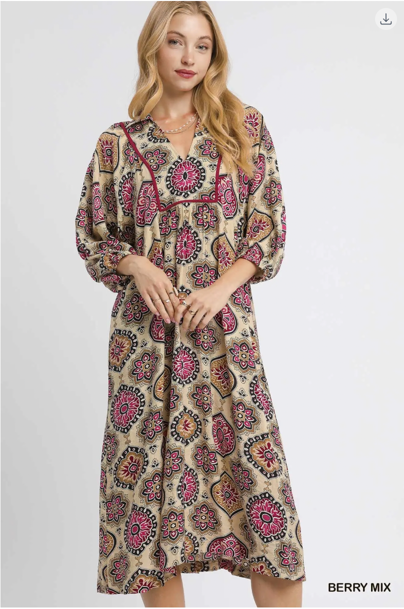 Umgee Collared Midi Dress BERRY MIX