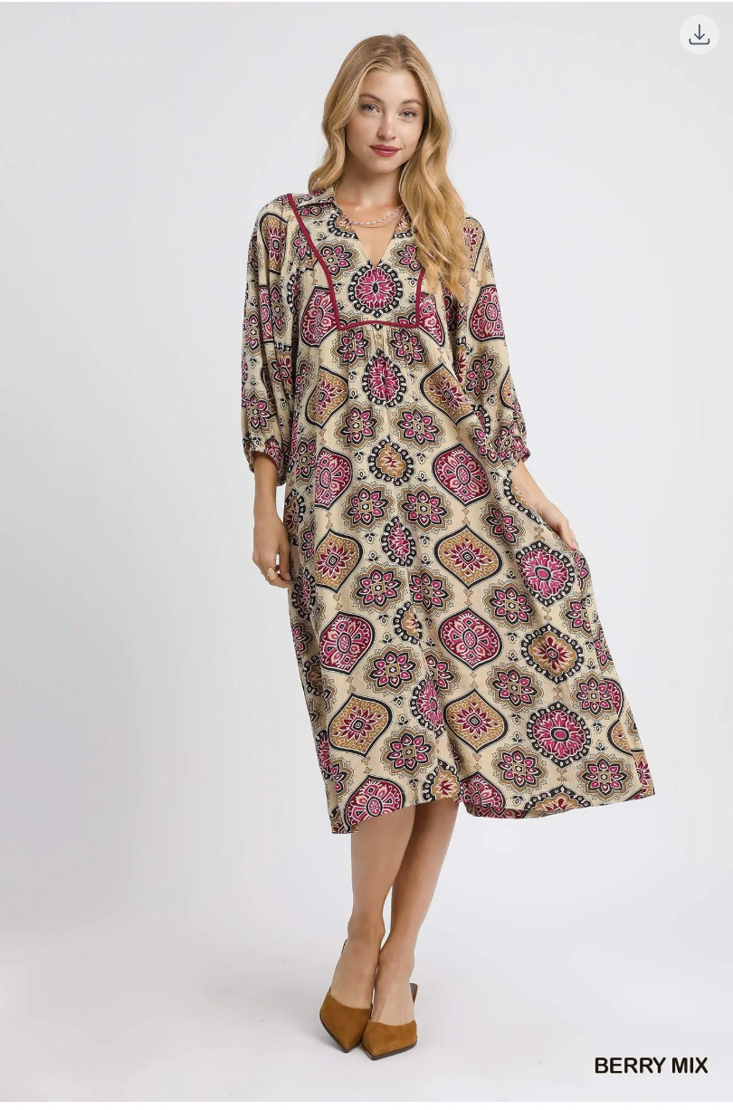 Umgee Collared Midi Dress BERRY MIX