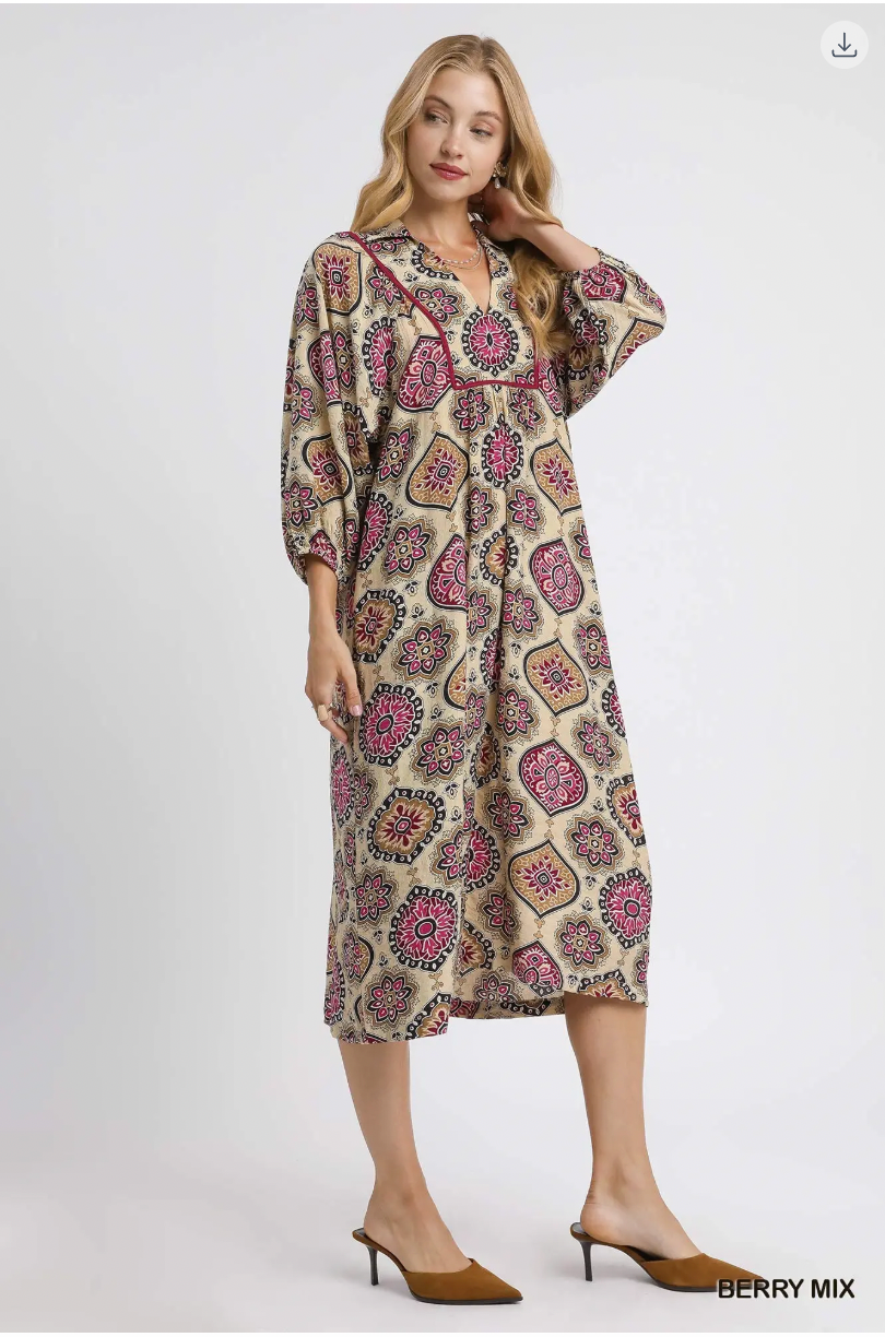 Umgee Collared Midi Dress BERRY MIX