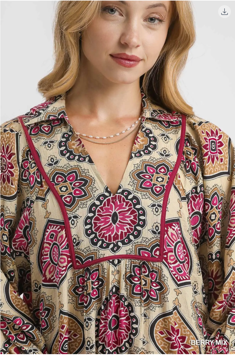 Umgee Collared Midi Dress BERRY MIX