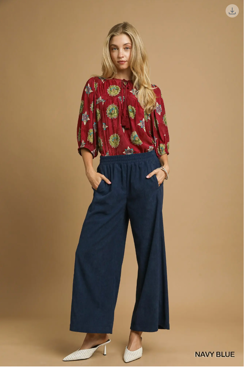 Umgee W Corduroy Wide Leg Pants NAVY