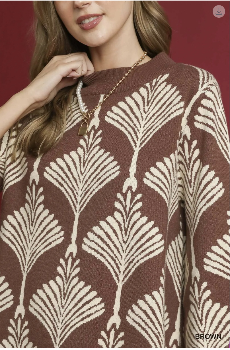Umgee W Abstract Mock Neck Sweater BROWN