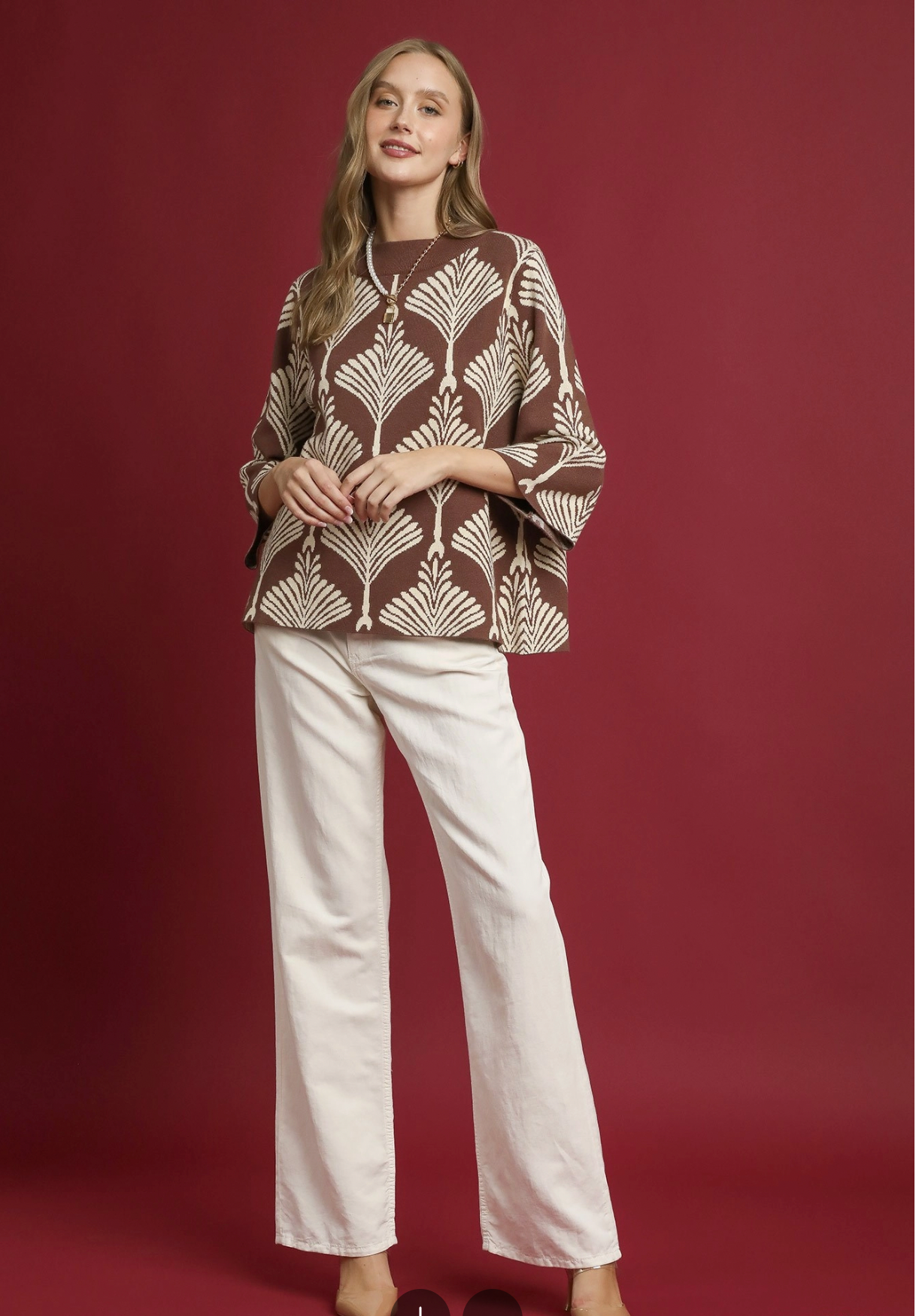 Umgee W Abstract Mock Neck Sweater BROWN