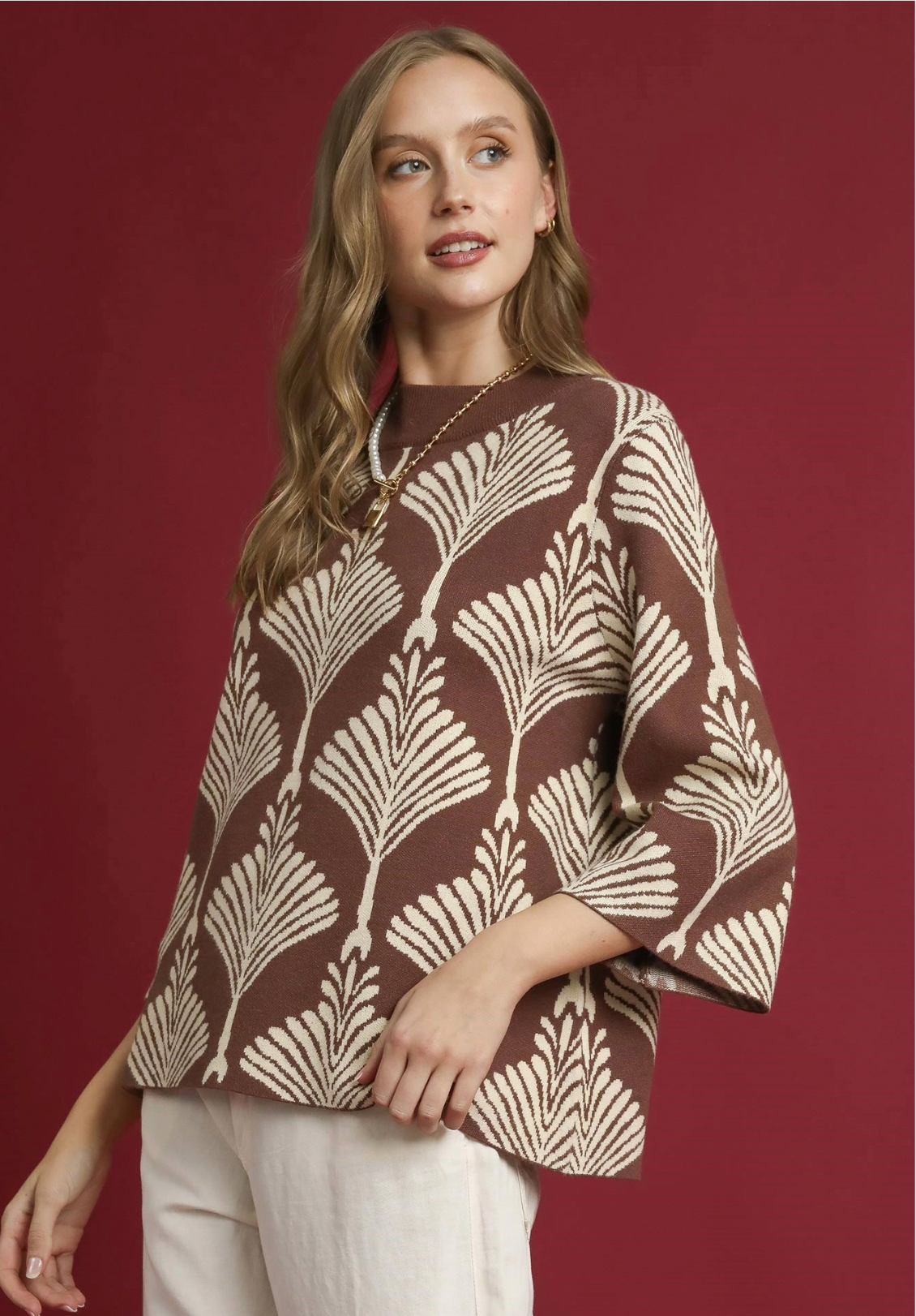 Umgee W Abstract Mock Neck Sweater BROWN