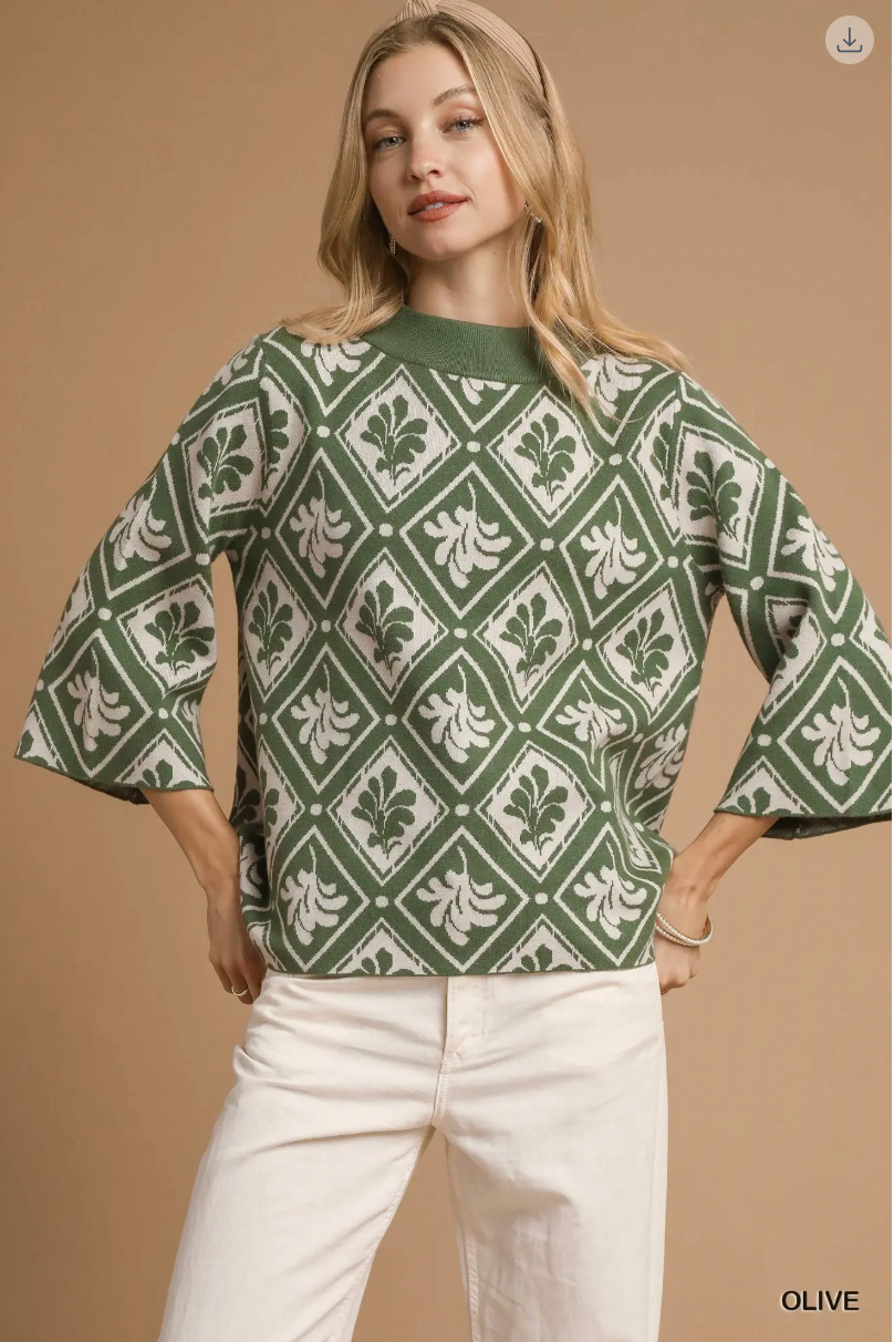 Umgee W Abstract Mock Neck Sweater OLIVE
