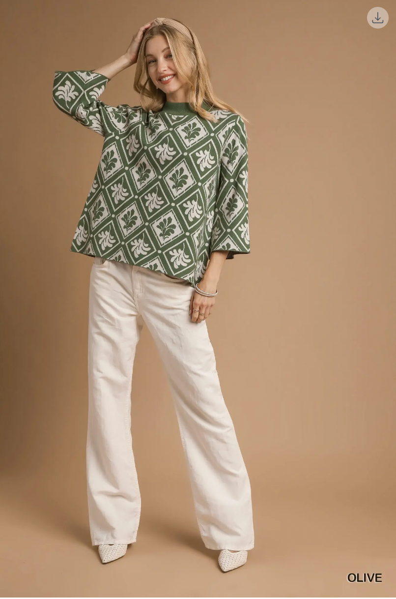 Umgee W Abstract Mock Neck Sweater OLIVE