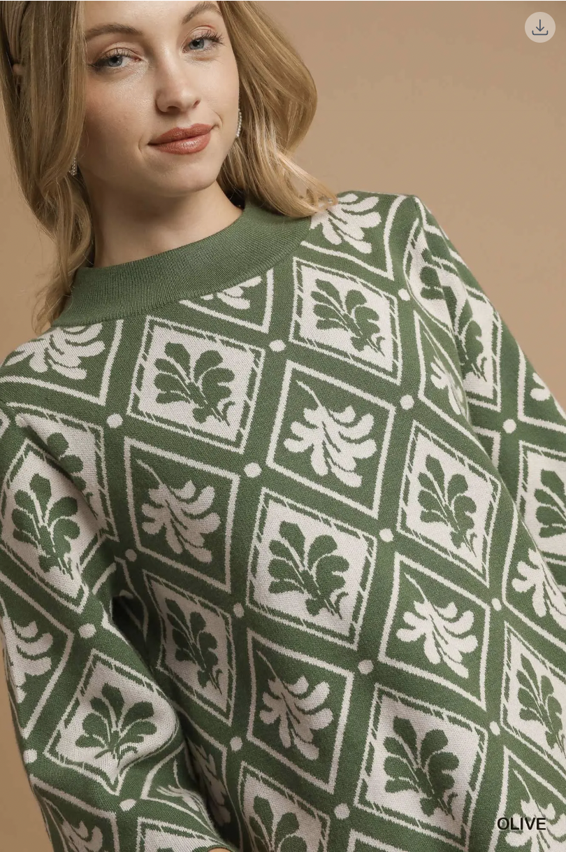 Umgee W Abstract Mock Neck Sweater OLIVE