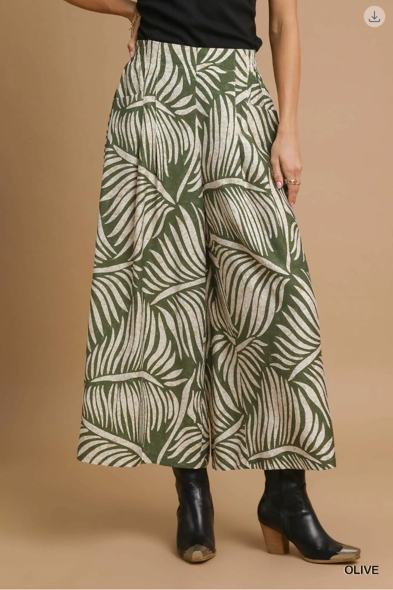 Umgee W Pleated Printed Pants OLIVE