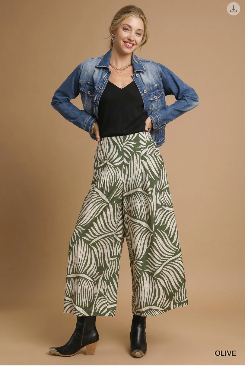 Umgee W Pleated Printed Pants OLIVE
