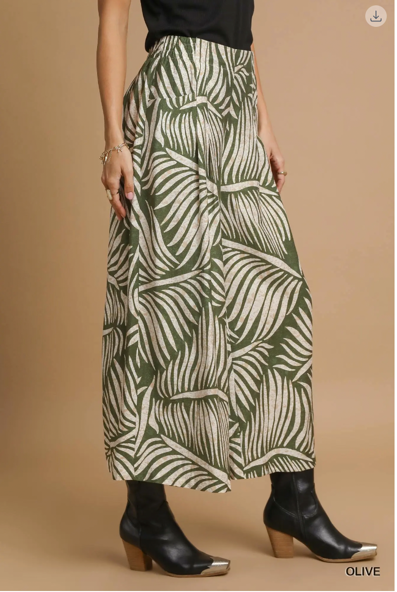 Umgee W Pleated Printed Pants OLIVE