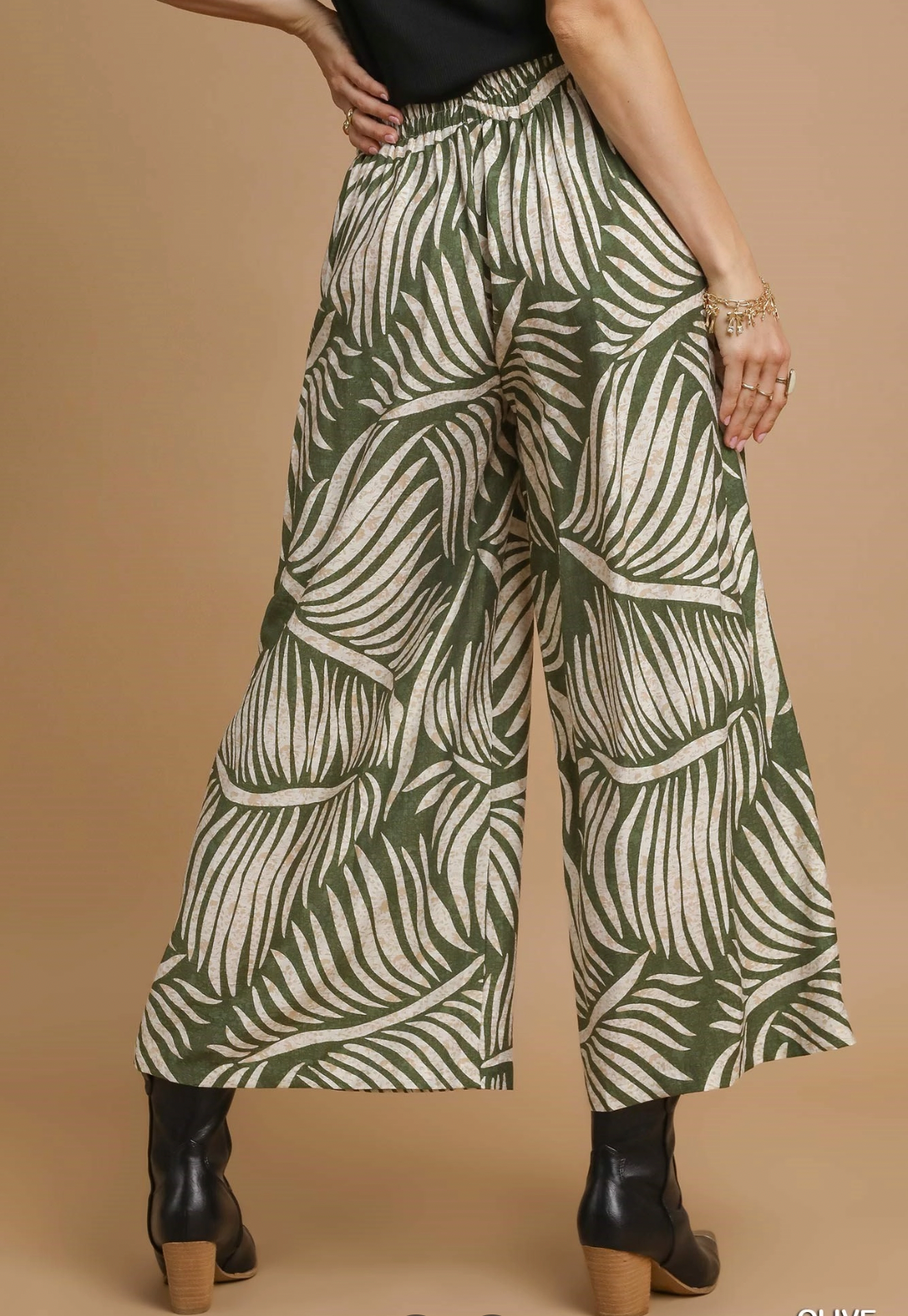 Umgee W Pleated Printed Pants OLIVE