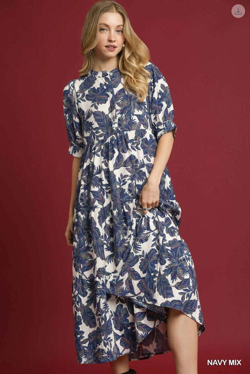 Umgee W Leaf Print Midi Dress NAVY MIX