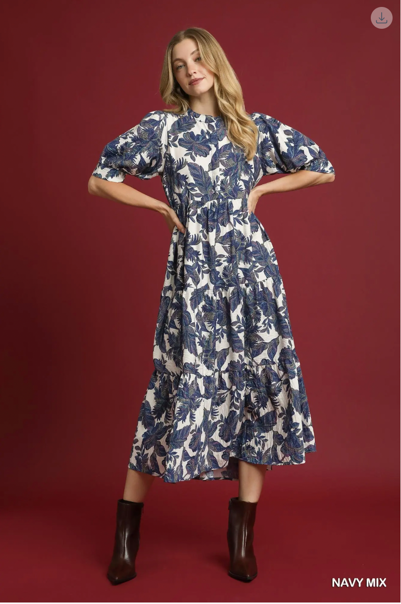 Umgee W Leaf Print Midi Dress NAVY MIX