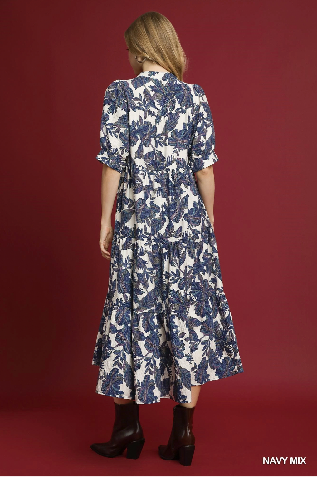Umgee W Leaf Print Midi Dress NAVY MIX