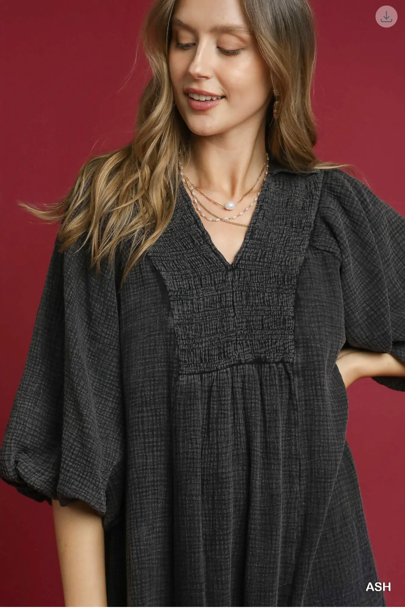 Umgee W Mineral Wash Smocked Midi Dress ASH