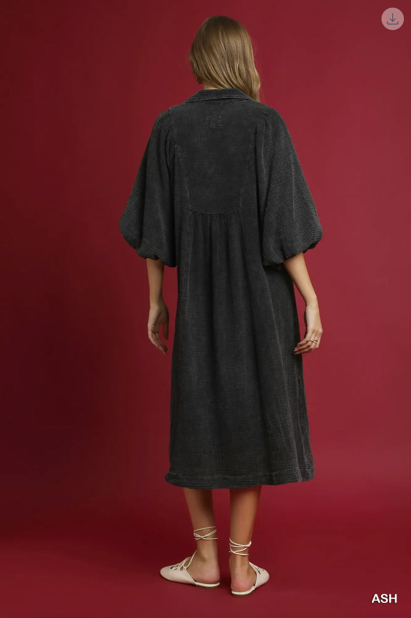 Umgee W Mineral Wash Smocked Midi Dress ASH