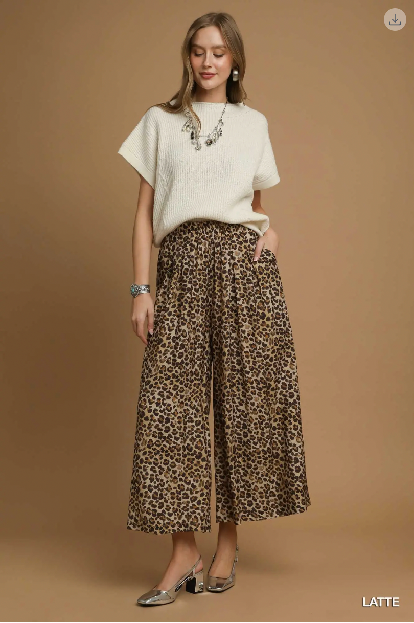 Umgee W Wide Leg Leopard Print Pants LATTE