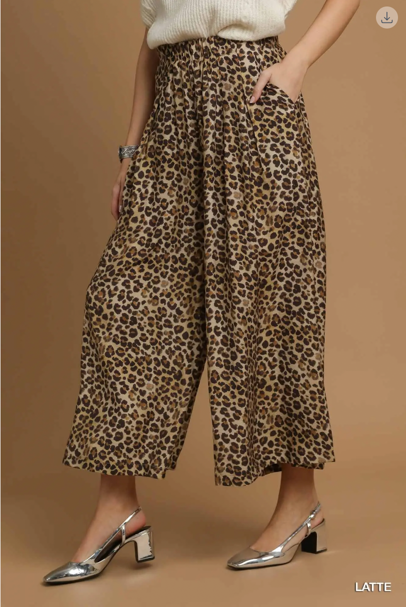Umgee W Wide Leg Leopard Print Pants LATTE