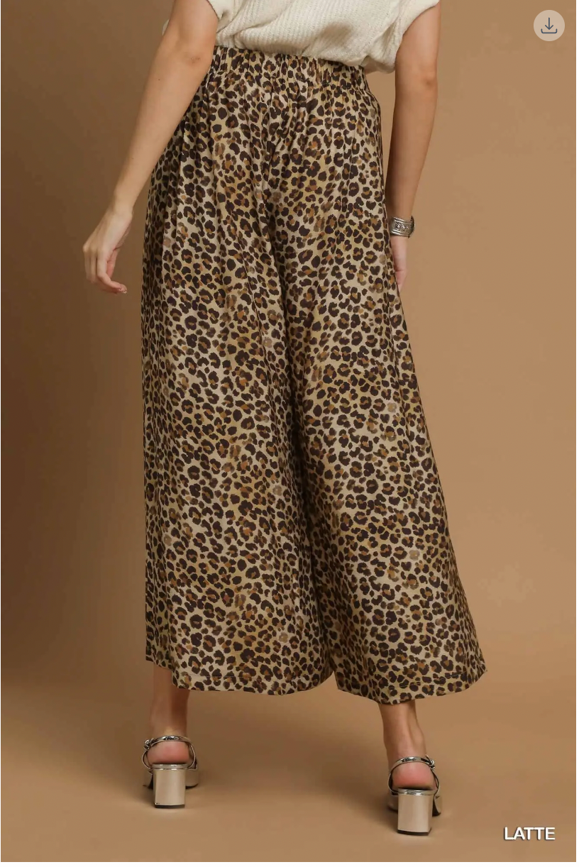 Umgee W Wide Leg Leopard Print Pants LATTE