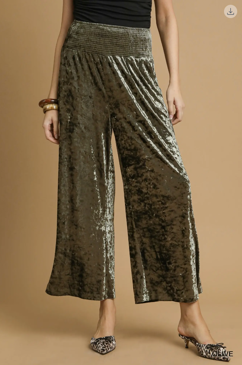 Umgee W Velvet Smocked Waistband Pant OLIVE