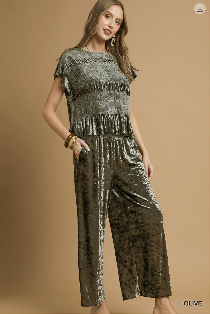 Umgee W Velvet Smocked Waistband Pant OLIVE