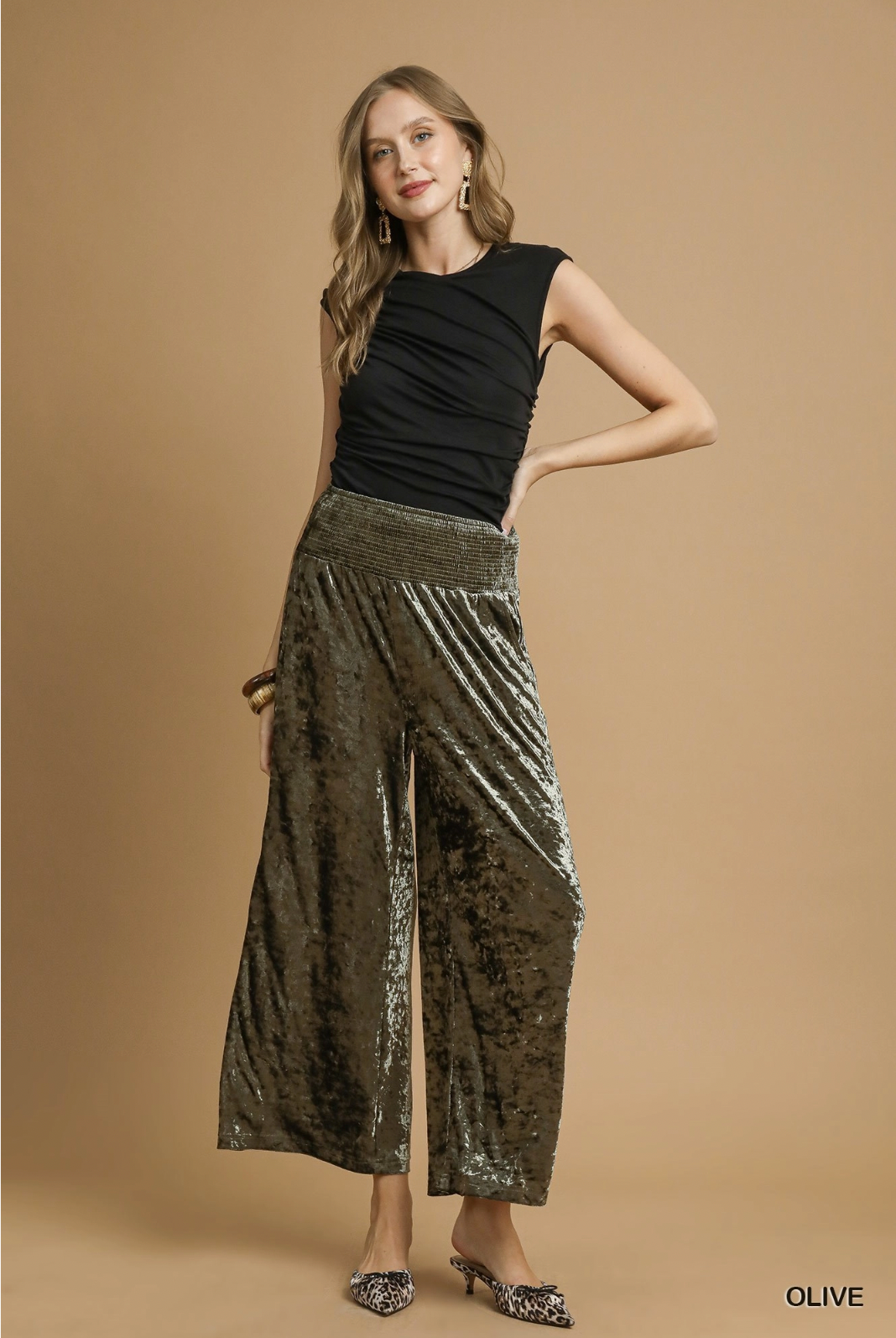 Umgee W Velvet Smocked Waistband Pant OLIVE