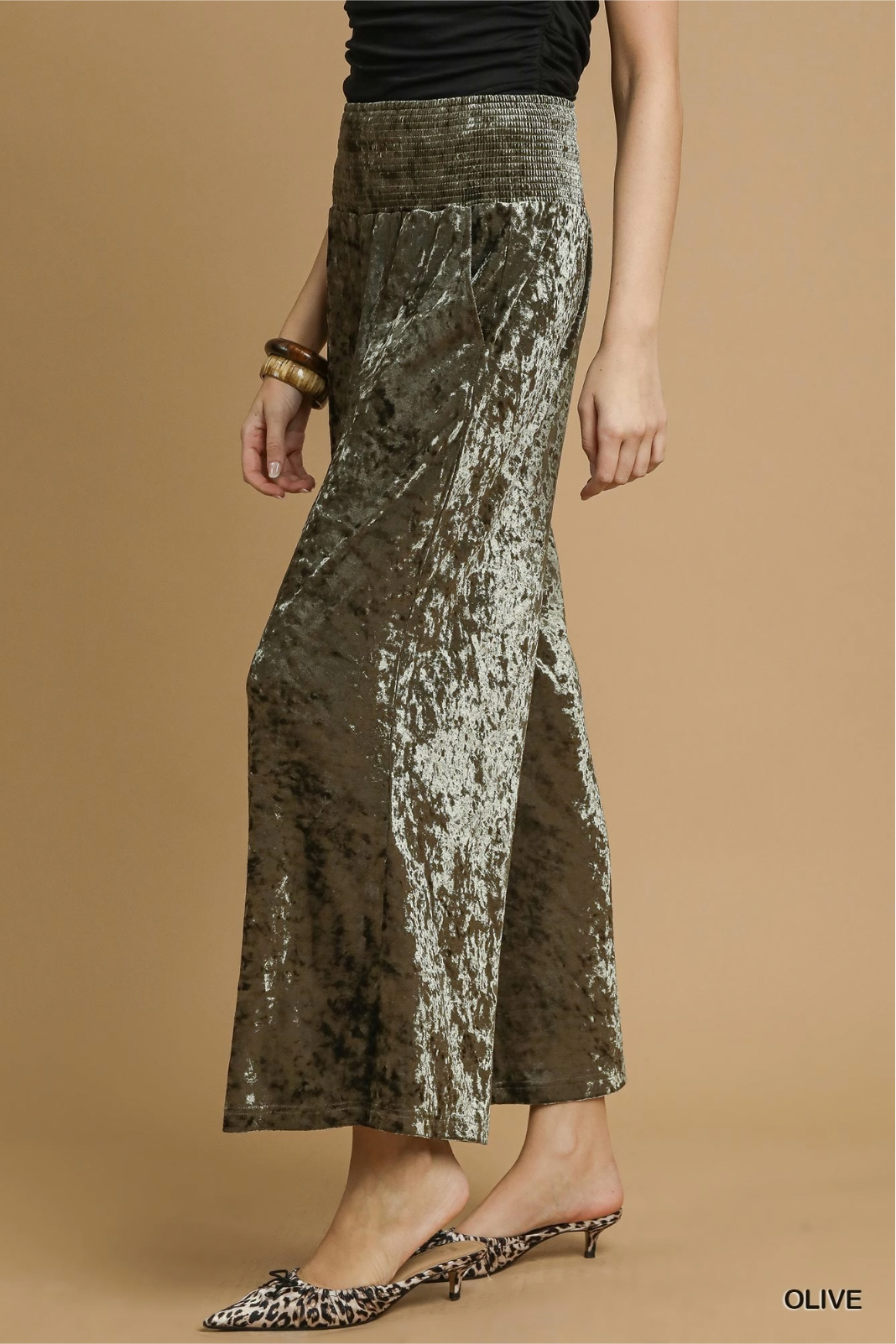 Umgee W Velvet Smocked Waistband Pant OLIVE