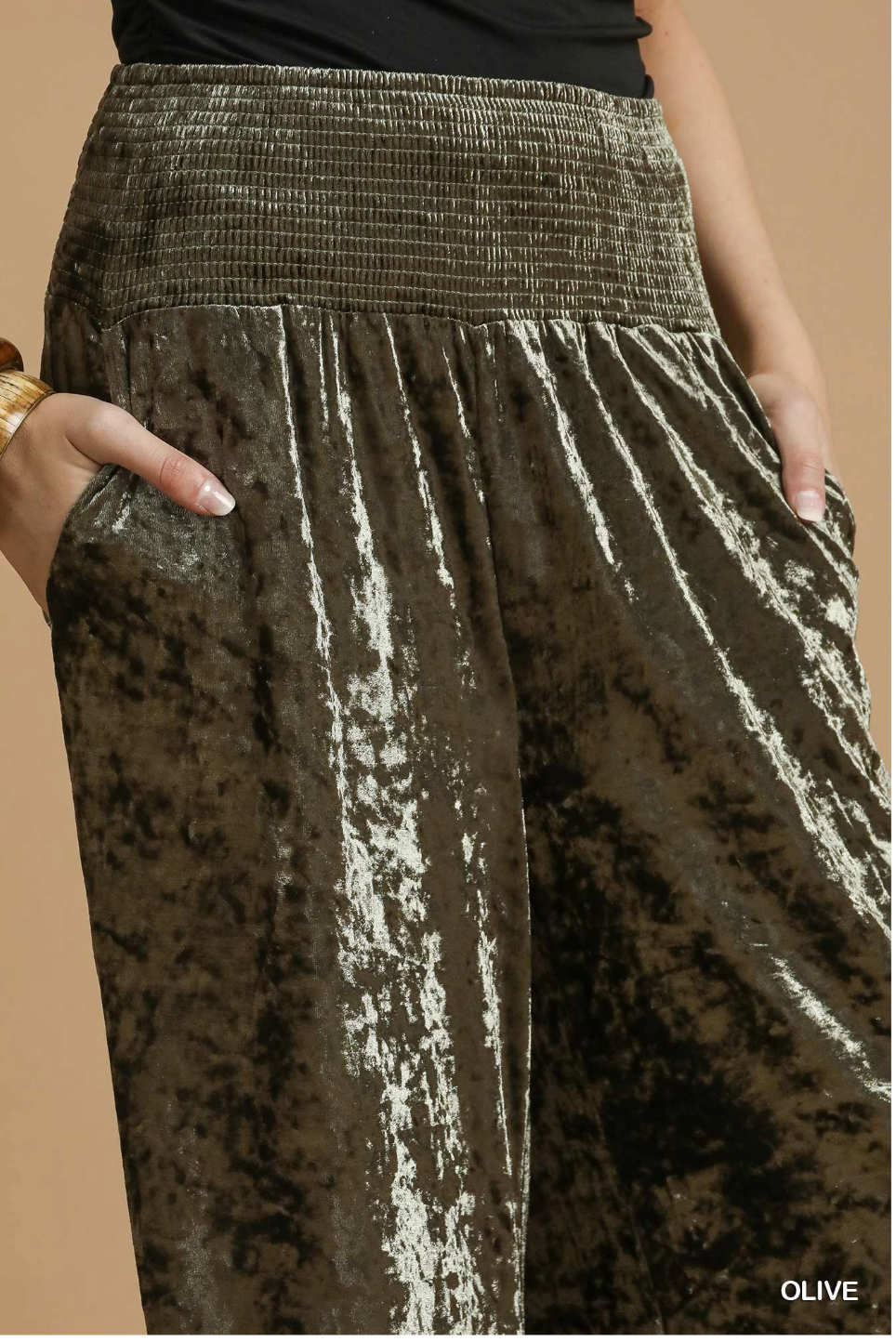 Umgee W Velvet Smocked Waistband Pant OLIVE