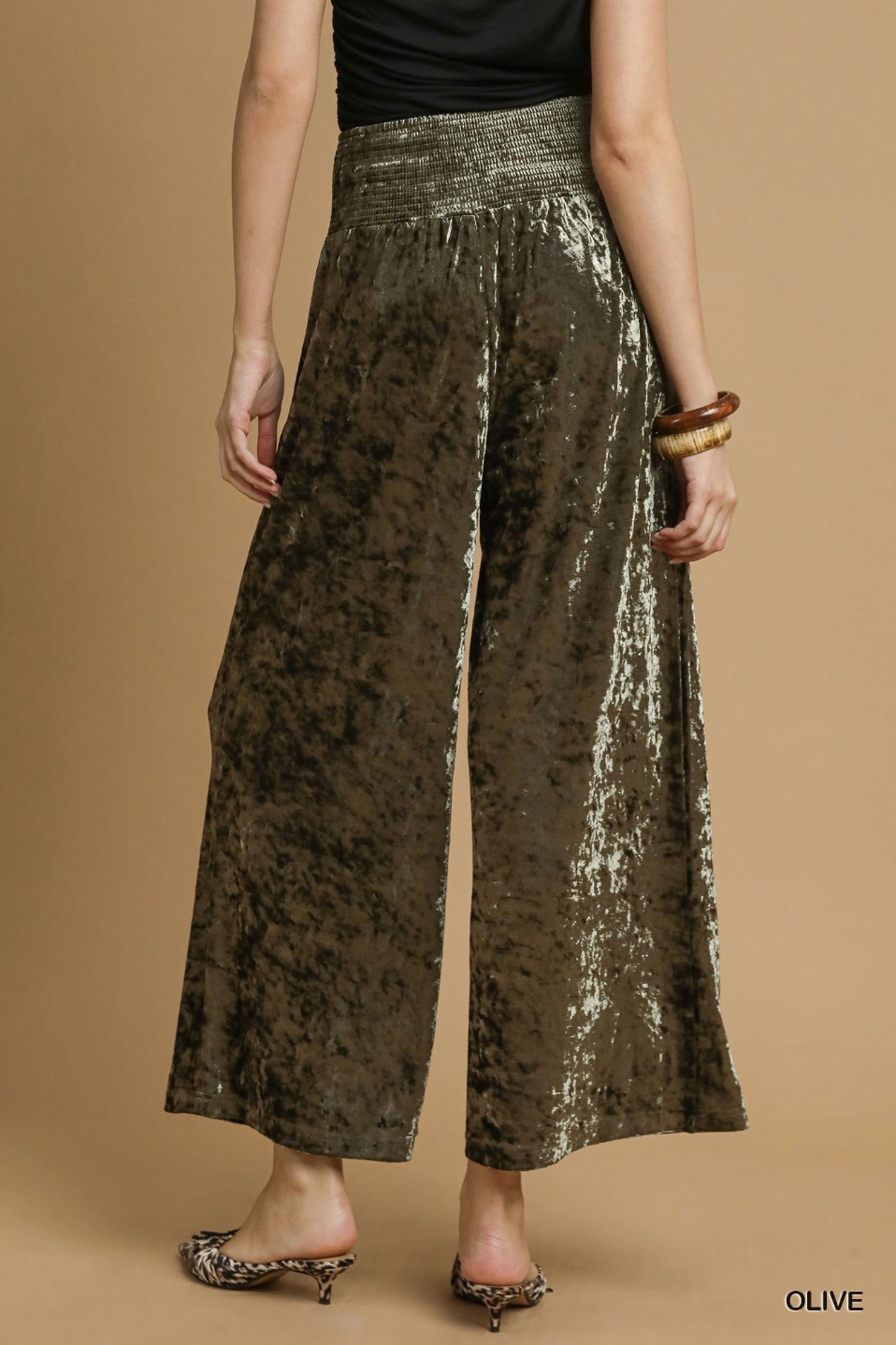 Umgee W Velvet Smocked Waistband Pant OLIVE
