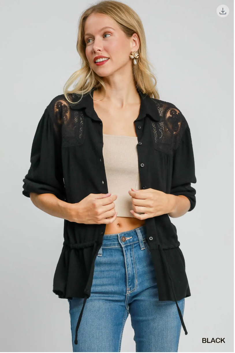 Umgee W Embroidered Lace Linen Shirt BLACK