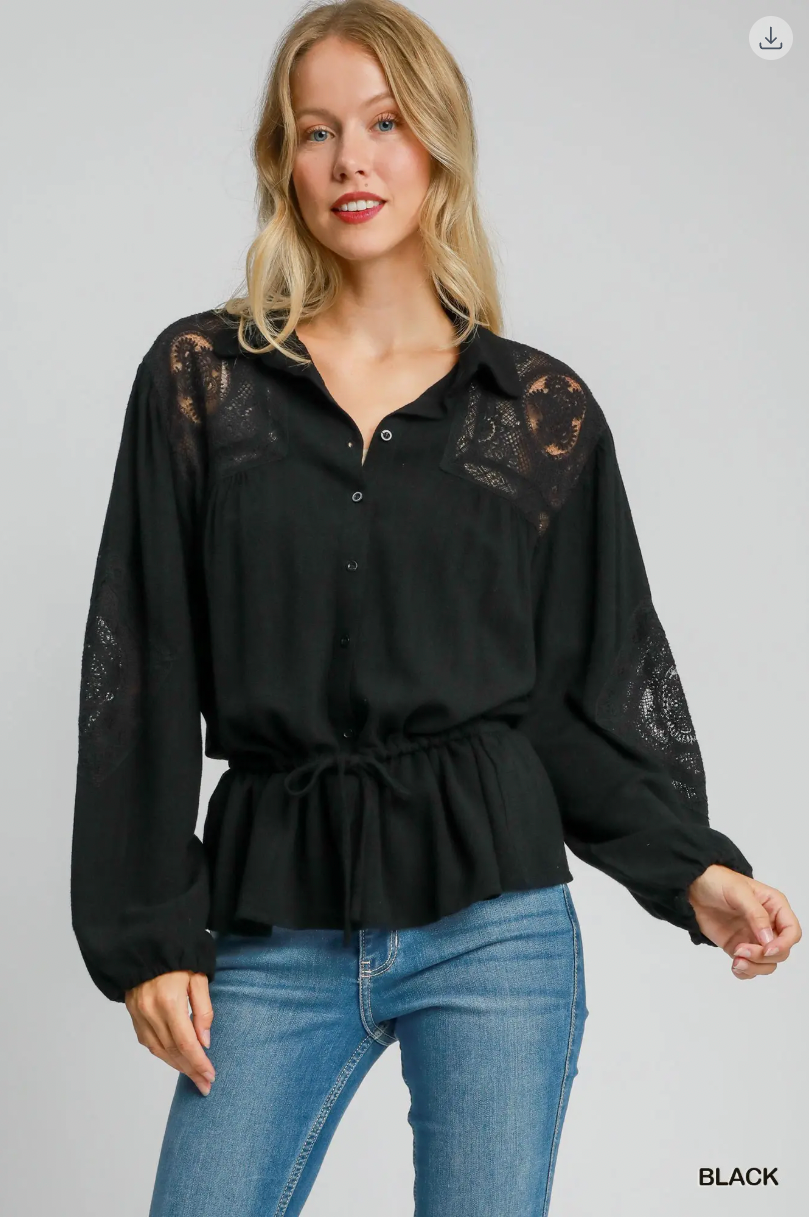 Umgee W Embroidered Lace Linen Shirt BLACK
