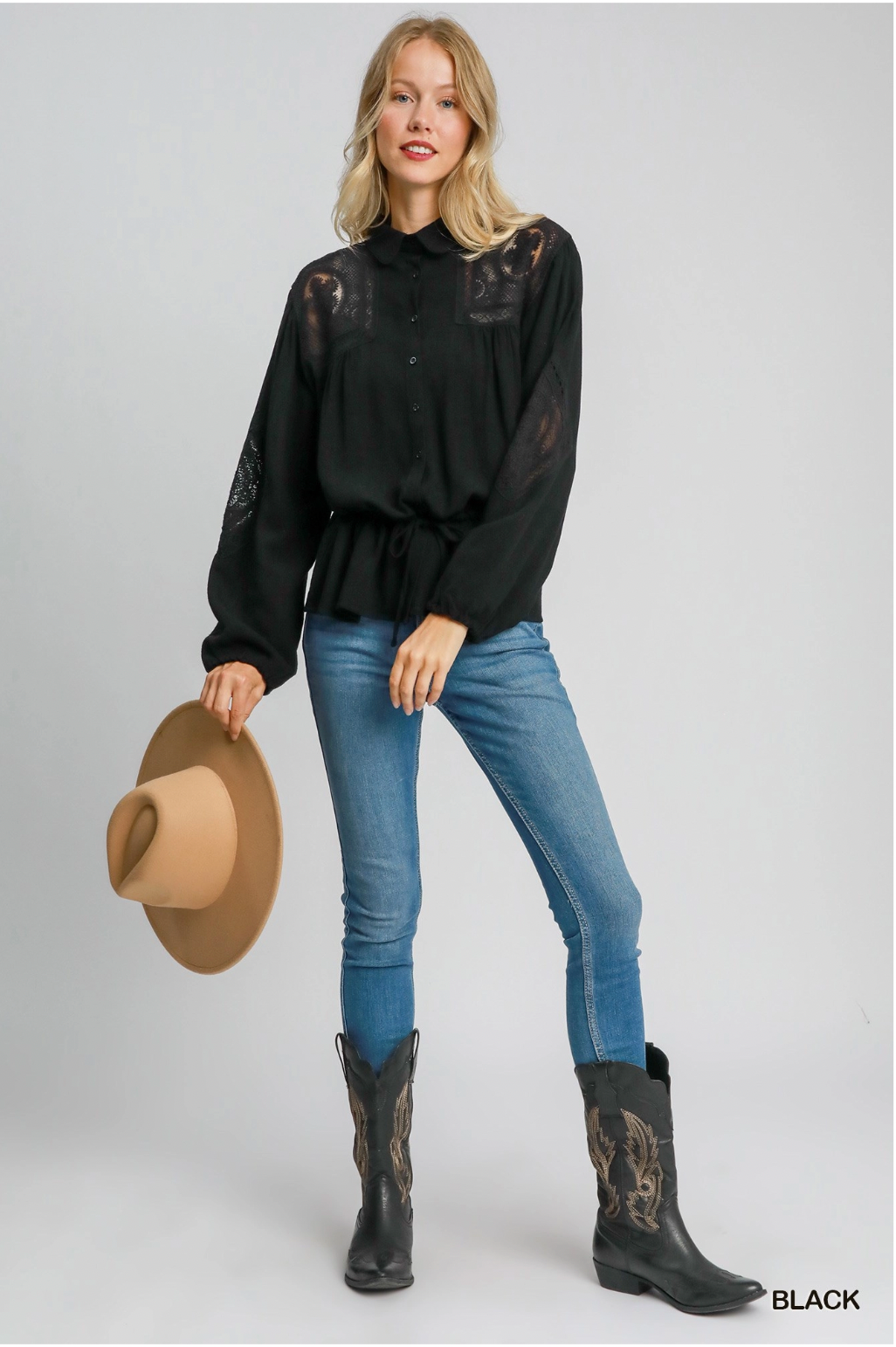 Umgee W Embroidered Lace Linen Shirt BLACK