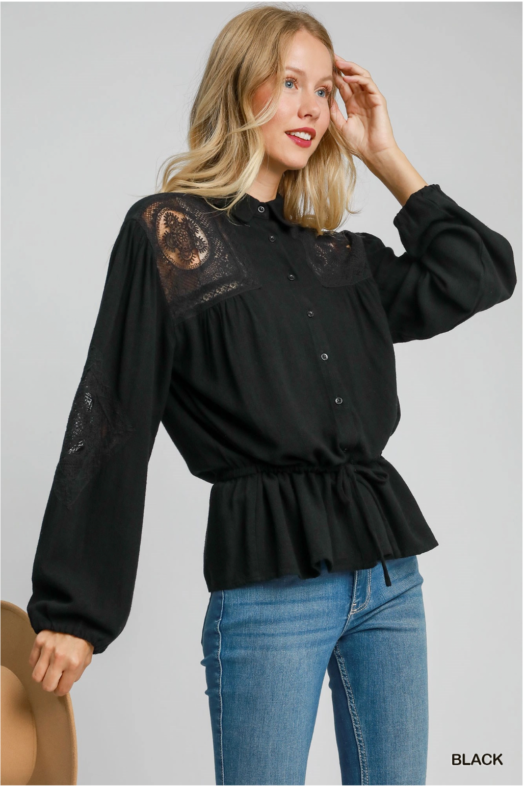 Umgee W Embroidered Lace Linen Shirt BLACK