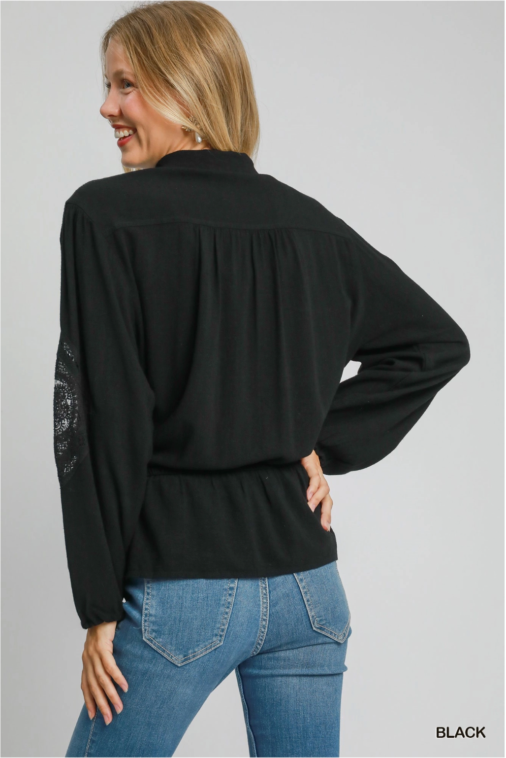 Umgee W Embroidered Lace Linen Shirt BLACK