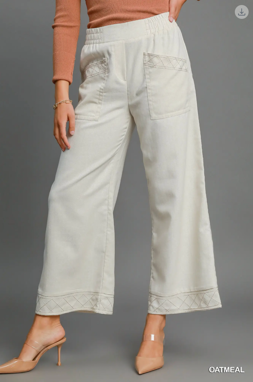 Umgee W Linen Embroidered Wide Leg Pant OATMEAL