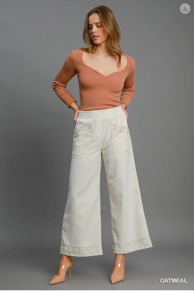 Umgee W Linen Embroidered Wide Leg Pant OATMEAL