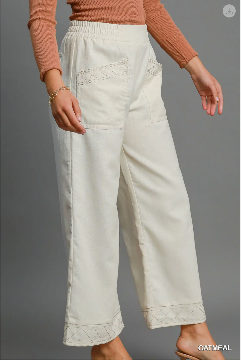 Umgee W Linen Embroidered Wide Leg Pant OATMEAL