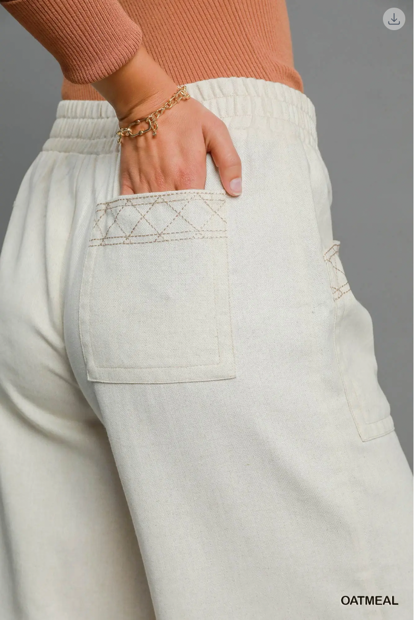Umgee W Linen Embroidered Wide Leg Pant OATMEAL