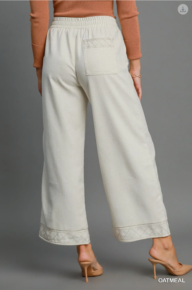 Umgee W Linen Embroidered Wide Leg Pant OATMEAL